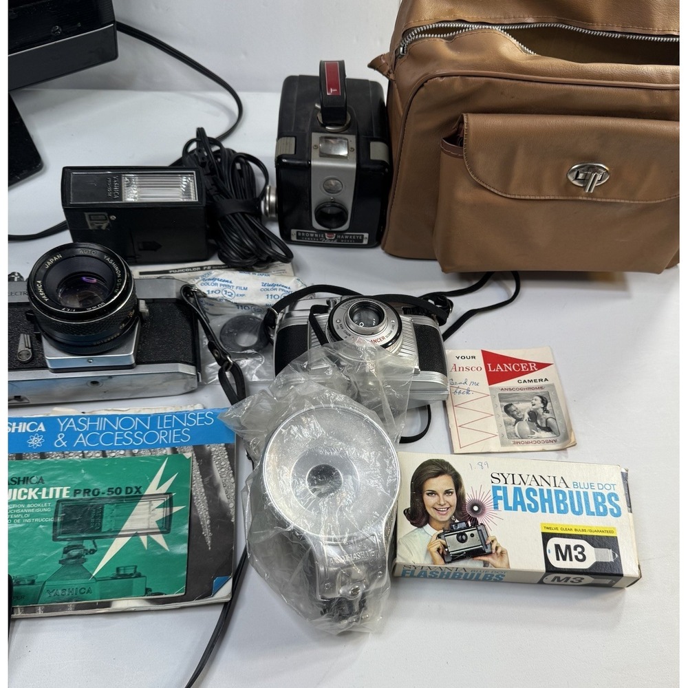 Misc Old Vintage Cameras & Accessories Lot - Ansco Yashica - Manuals Flashes Etc
